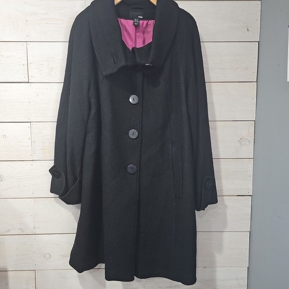 NWT H&M Black Wool Blend Coat Women's Size 14 Oversized Collar Pink Lined
